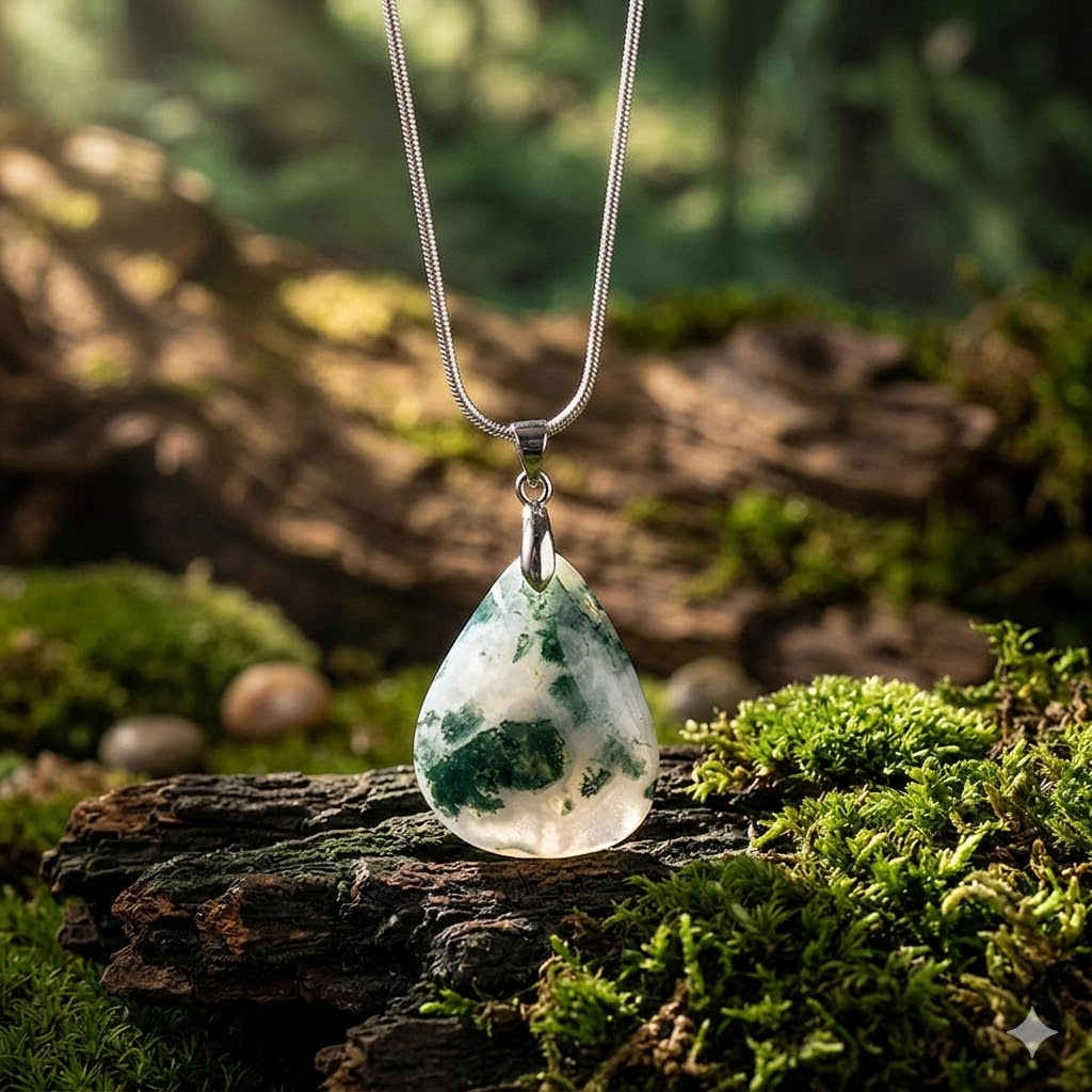 Moss Agate Teardrop Necklace | Natural 3cm Pendant