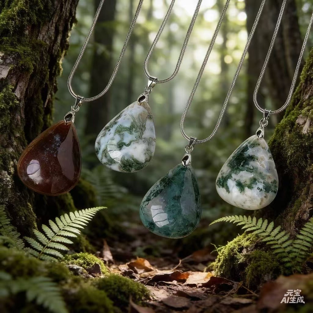 Moss Agate Teardrop Necklace | Natural 3cm Pendant
