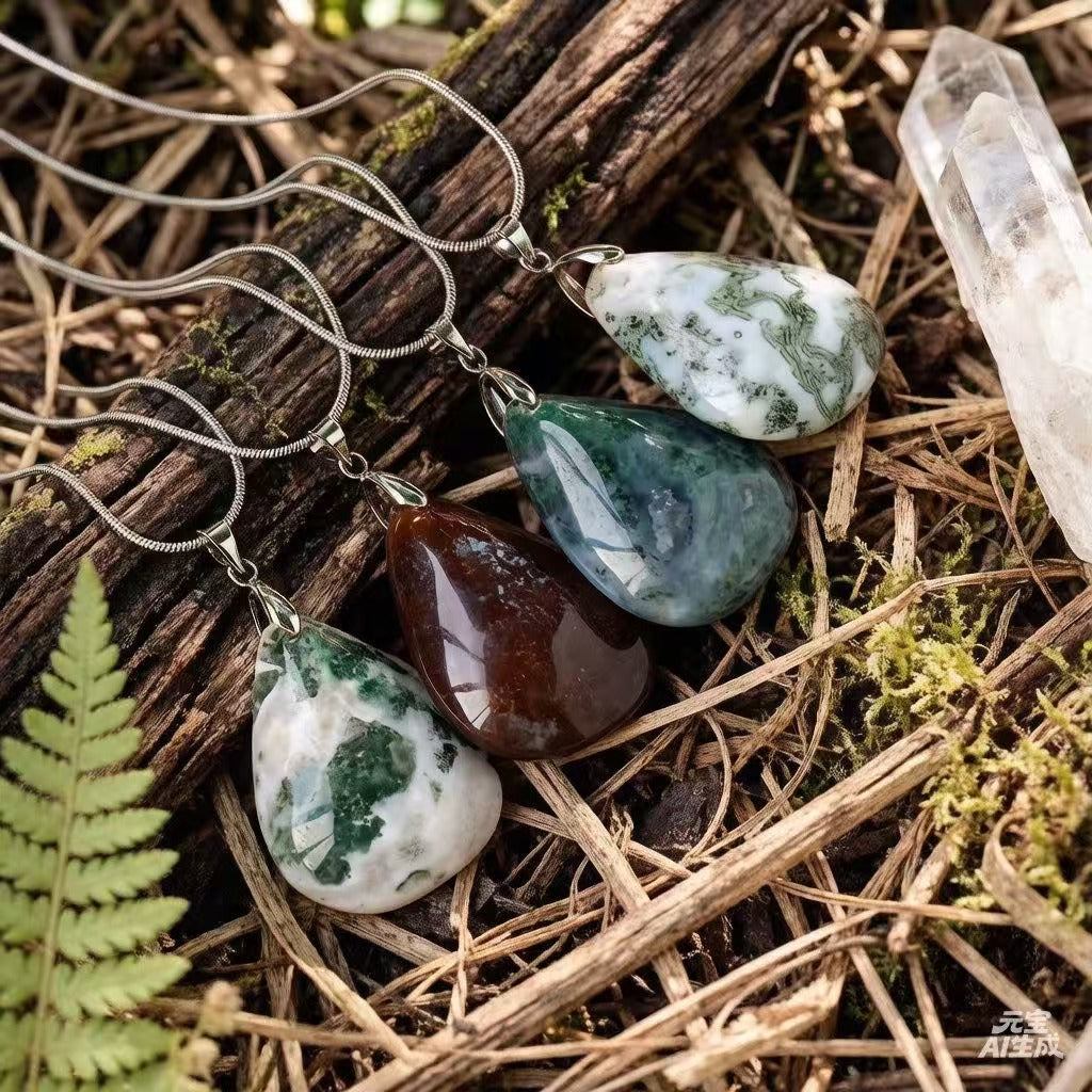 Moss Agate Teardrop Necklace | Natural 3cm Pendant