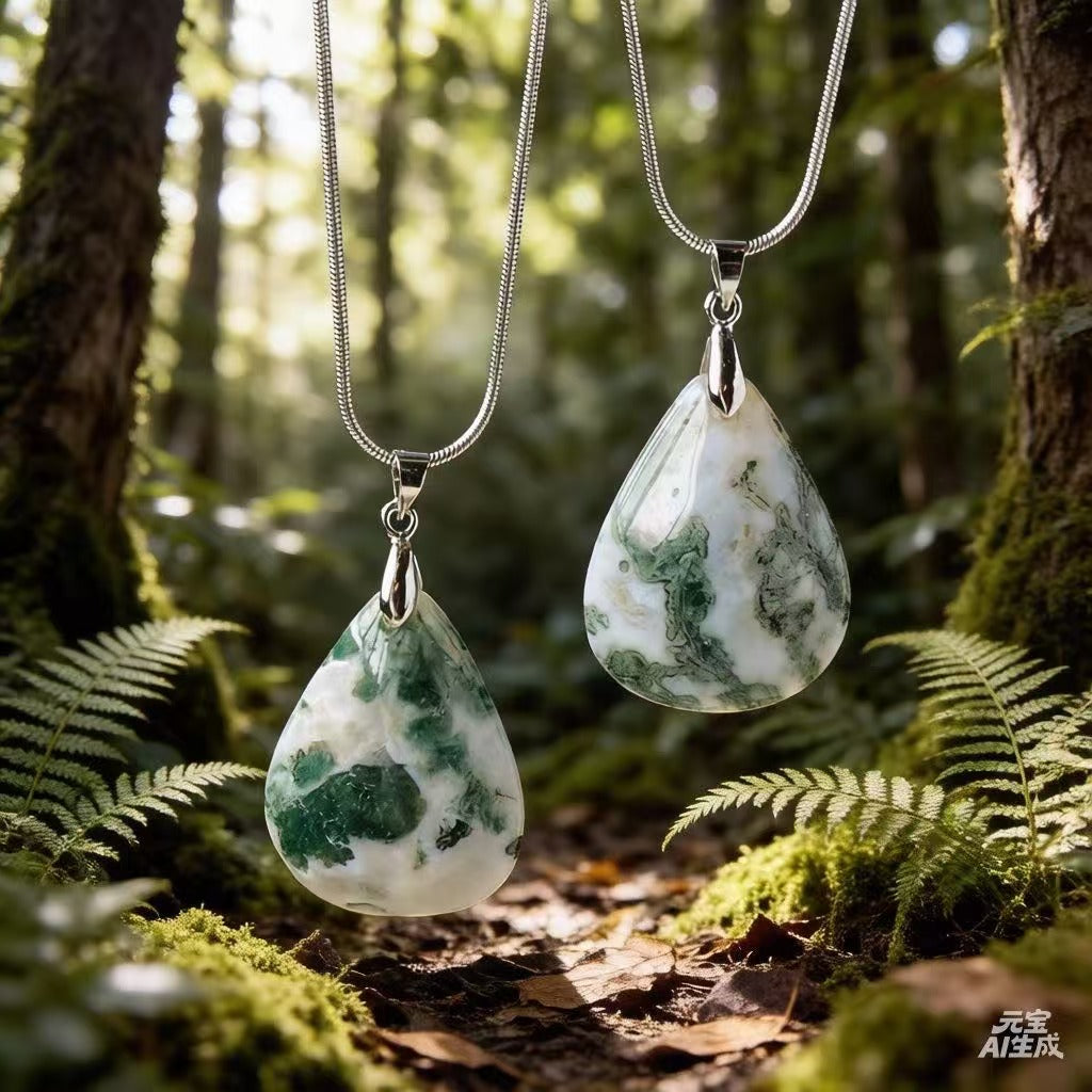 Moss Agate Teardrop Necklace | Natural 3cm Pendant