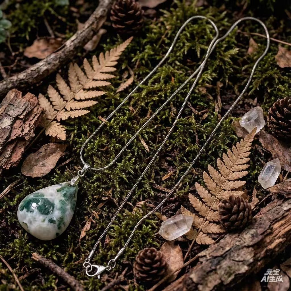 Moss Agate Teardrop Necklace | Natural 3cm Pendant