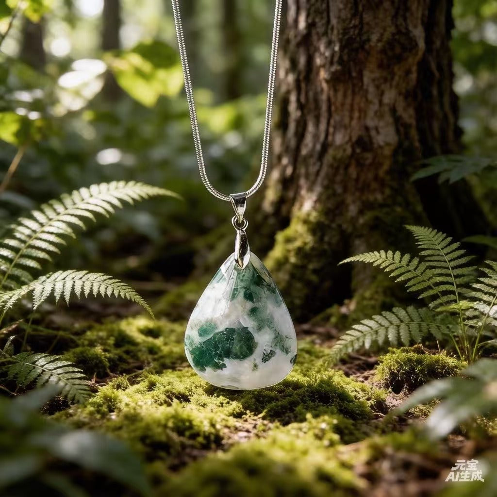Moss Agate Teardrop Necklace | Natural 3cm Pendant