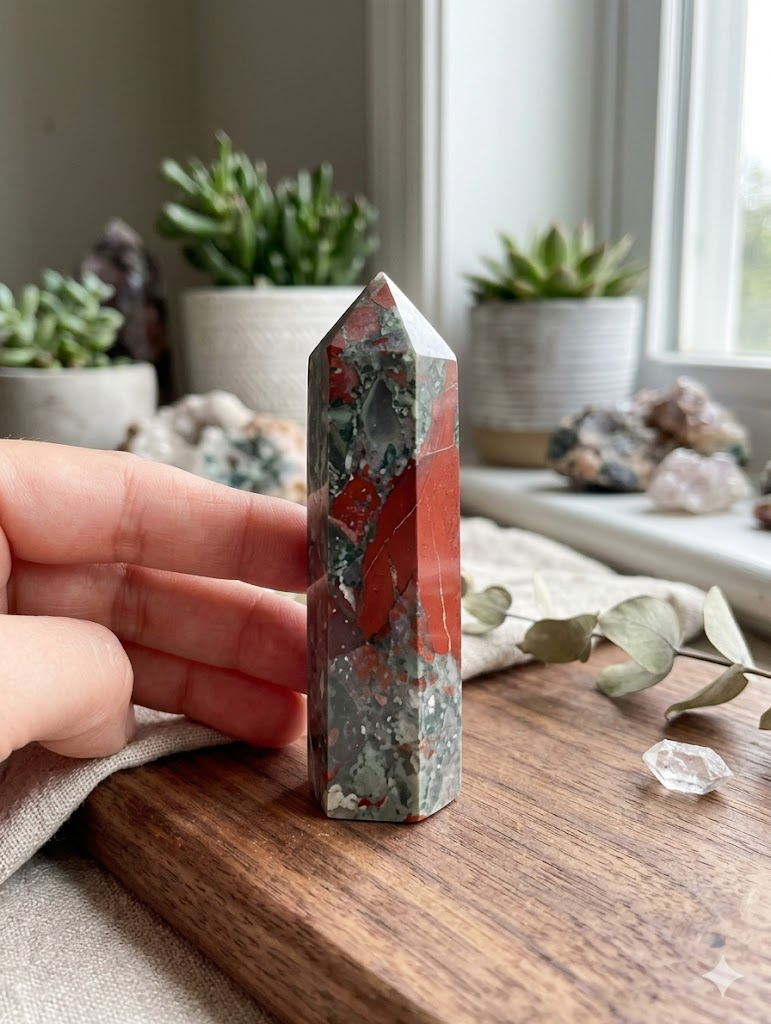 A hand holding a polished African Bloodstone crystal tower point outdoors in bright natural sunlight. The crystal point showcases rich forest green and vivid brick-red jasper patterns, set against a softly blurred green grass background.