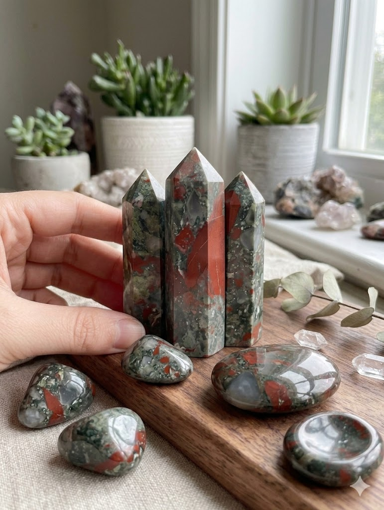 A hand holding a polished African Bloodstone crystal tower point outdoors in bright natural sunlight. The crystal point showcases rich forest green and vivid brick-red jasper patterns, set against a softly blurred green grass background.