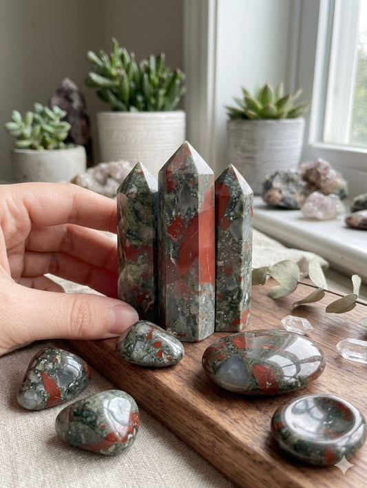 A hand holding a polished African Bloodstone crystal tower point outdoors in bright natural sunlight. The crystal point showcases rich forest green and vivid brick-red jasper patterns, set against a softly blurred green grass background.