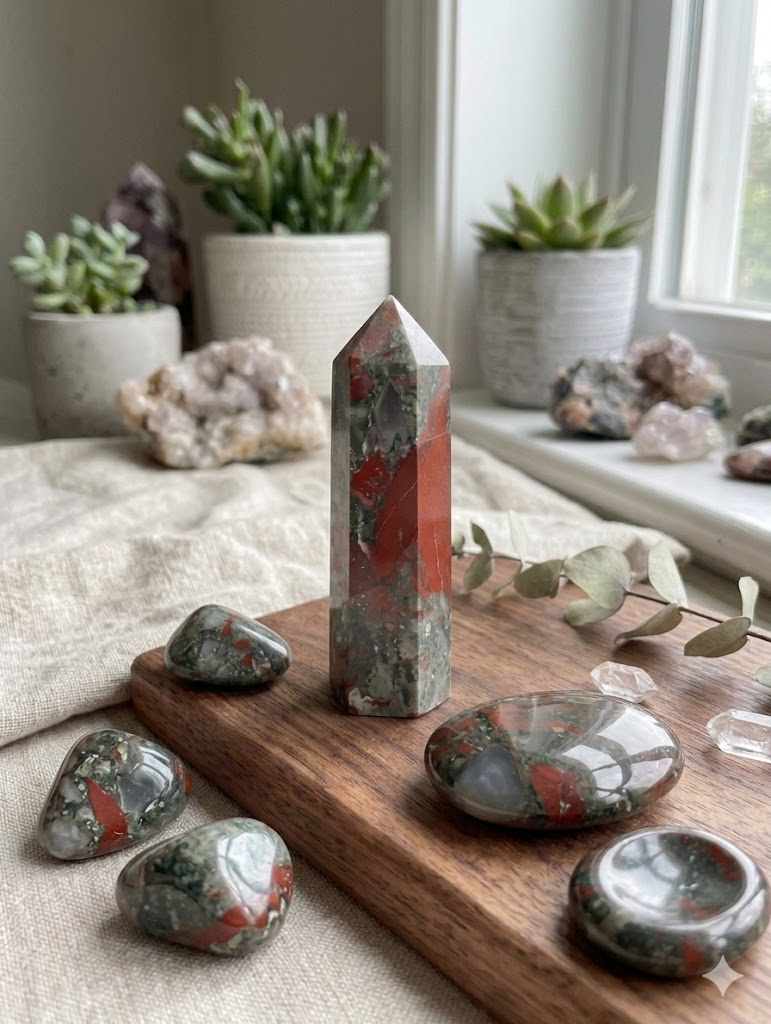 A hand holding a polished African Bloodstone crystal tower point outdoors in bright natural sunlight. The crystal point showcases rich forest green and vivid brick-red jasper patterns, set against a softly blurred green grass background.