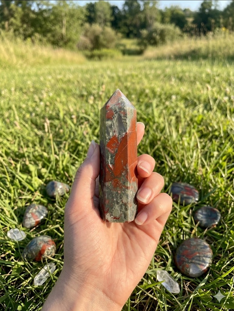 A hand holding a polished African Bloodstone crystal tower point outdoors in bright natural sunlight. The crystal point showcases rich forest green and vivid brick-red jasper patterns, set against a softly blurred green grass background.