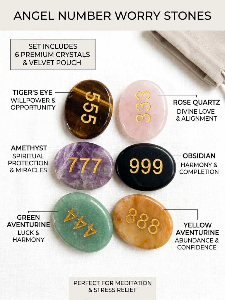 A luxury collection of 6 engraved angel number crystal worry stones (333, 444, 555, 777, 888, 999) with golden lettering, arranged beautifully with a premium grey velvet pouch on a styled background, under natural window sunlight.