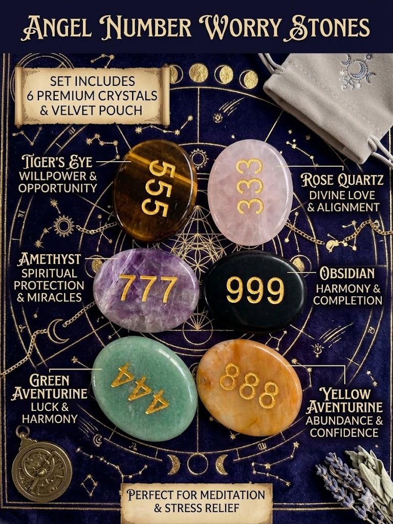 A luxury collection of 6 engraved angel number crystal worry stones (333, 444, 555, 777, 888, 999) with golden lettering, arranged beautifully with a premium grey velvet pouch on a styled background, under natural window sunlight.