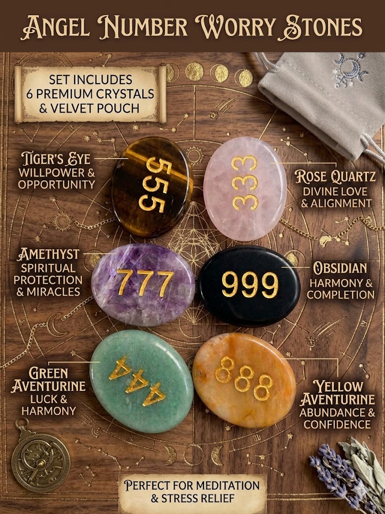 A luxury collection of 6 engraved angel number crystal worry stones (333, 444, 555, 777, 888, 999) with golden lettering, arranged beautifully with a premium grey velvet pouch on a styled background, under natural window sunlight.