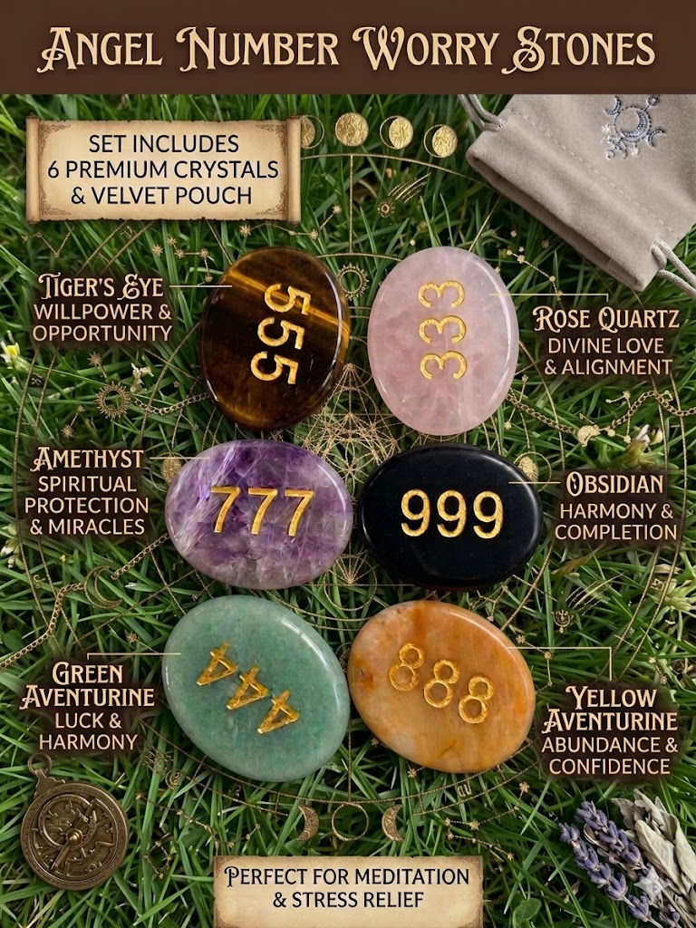 A luxury collection of 6 engraved angel number crystal worry stones (333, 444, 555, 777, 888, 999) with golden lettering, arranged beautifully with a premium grey velvet pouch on a styled background, under natural window sunlight.