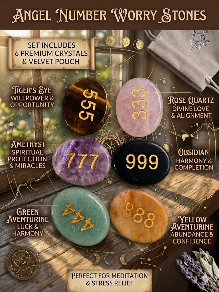 A luxury collection of 6 engraved angel number crystal worry stones (333, 444, 555, 777, 888, 999) with golden lettering, arranged beautifully with a premium grey velvet pouch on a styled background, under natural window sunlight.