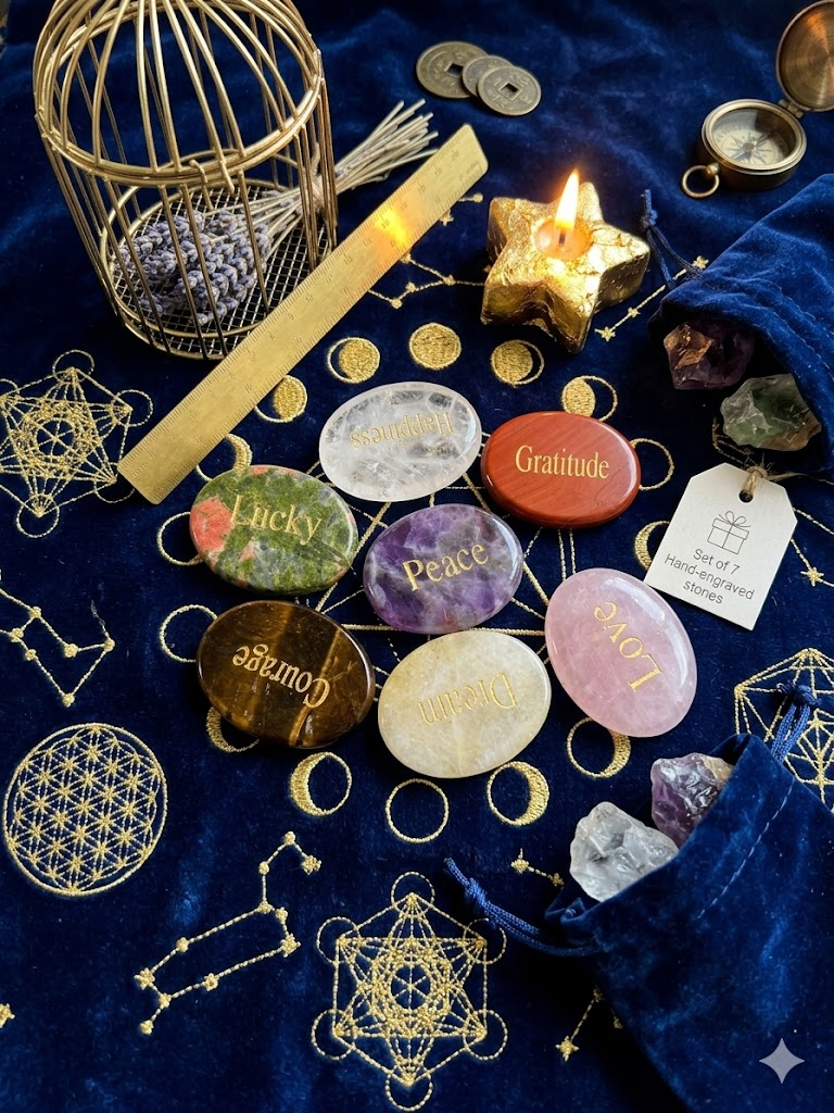 A premium collection of 7 natural engraved crystal worry stones featuring gold lettering (Peace, Love, Lucky, Courage, Happiness, Dream, Gratitude) arranged elegantly on a clean, minimalist outdoor setting under warm, natural sunlight.