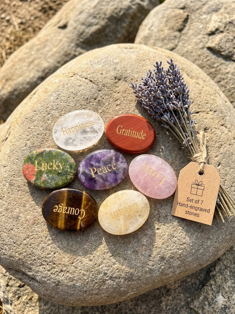 A premium collection of 7 natural engraved crystal worry stones featuring gold lettering (Peace, Love, Lucky, Courage, Happiness, Dream, Gratitude) arranged elegantly on a clean, minimalist outdoor setting under warm, natural sunlight.