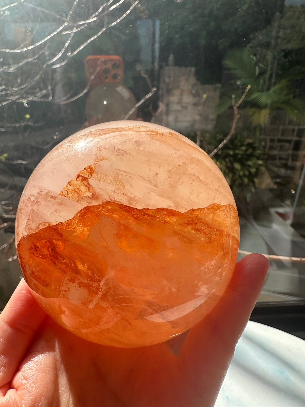 Fire Quartz sphere #2 with red hematite inclusions, 883g 8.5cm exact piece