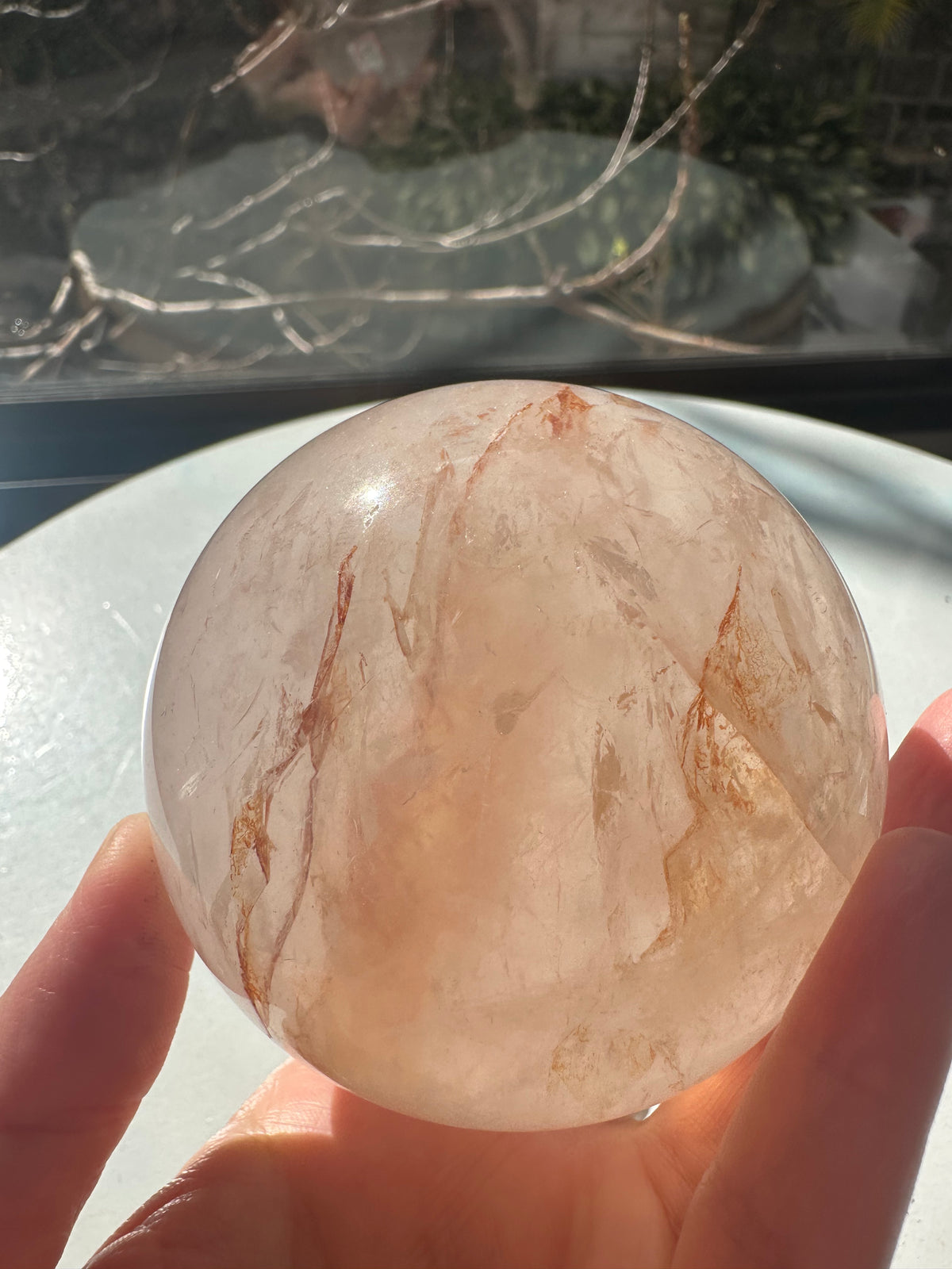 Fire Quartz sphere #3 with red hematite inclusions, 562g 7.3cm exact piece