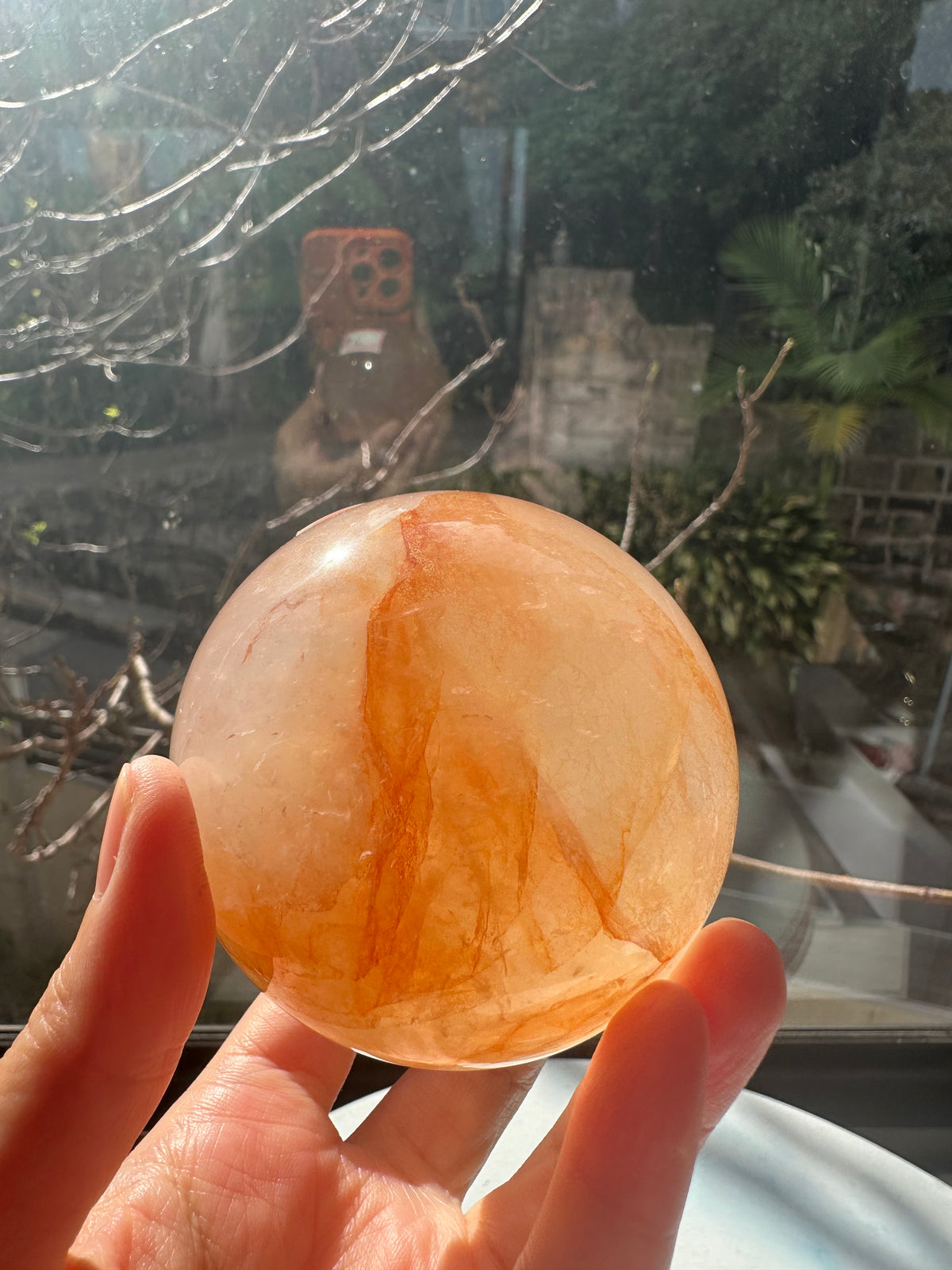 Fire Quartz sphere #4 with red hematite inclusions, 470g 6.9cm exact piece