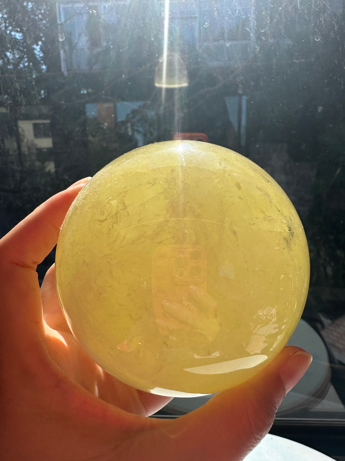 Brazilian Citrine Sphere with Golden Colour, Exact Piece #2 – natural inclusions detail