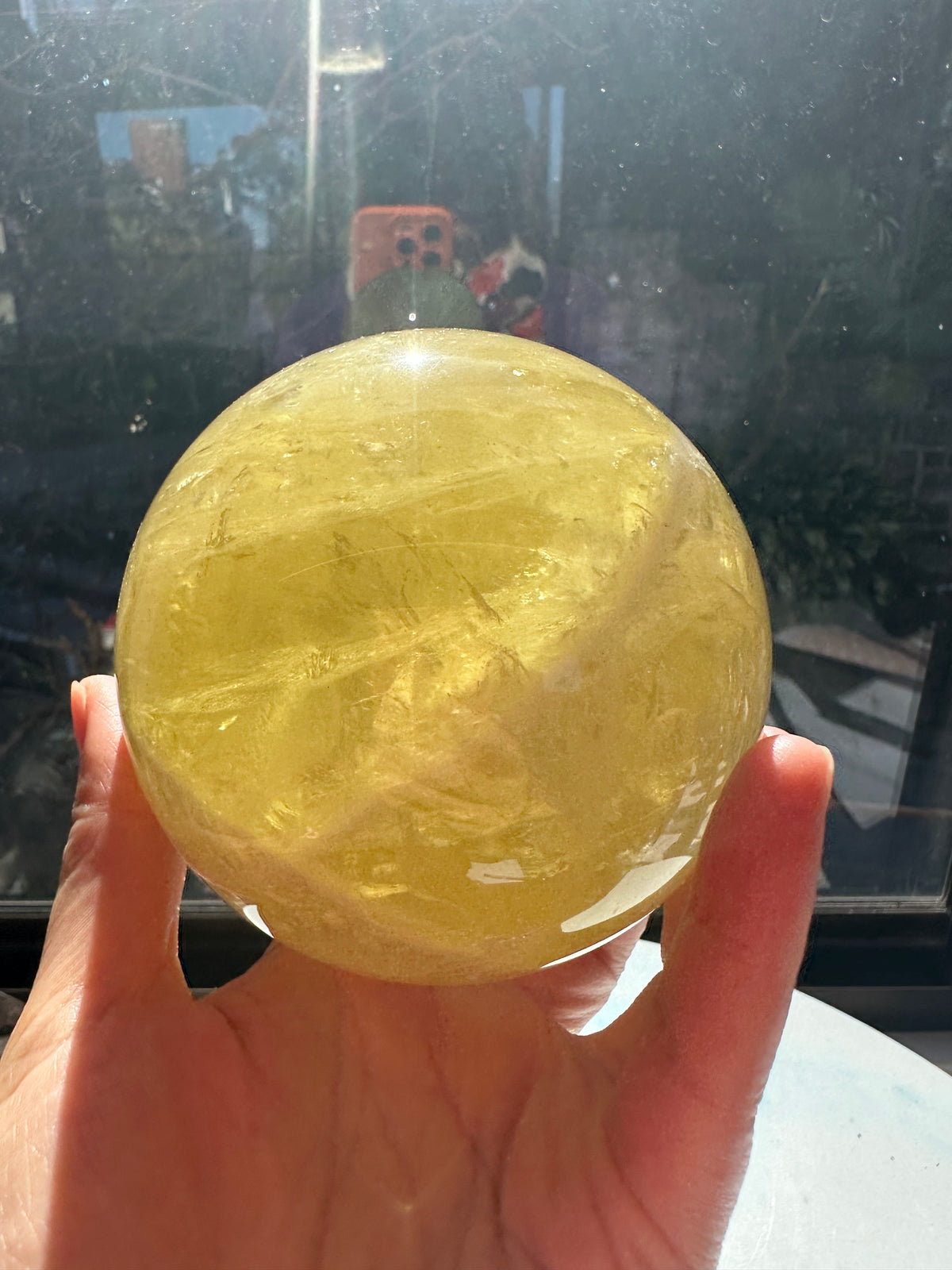 Brazilian Citrine Sphere with Rainbow, Exact Piece #7 – natural inclusions detail