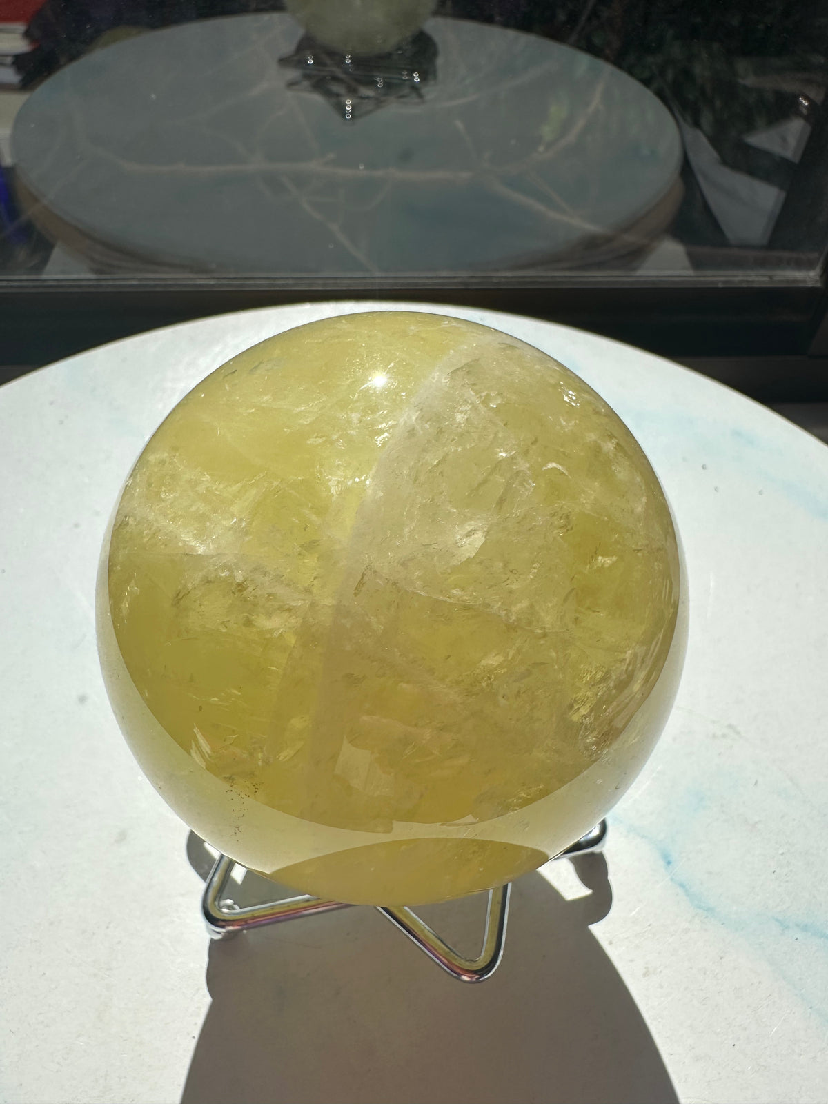 Brazilian Citrine Sphere with Rainbow, Exact Piece #8 – natural inclusions detail