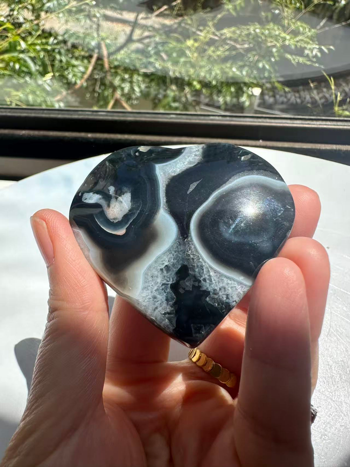 Black Flower Agate Heart | Natural Crystal 4–6cm