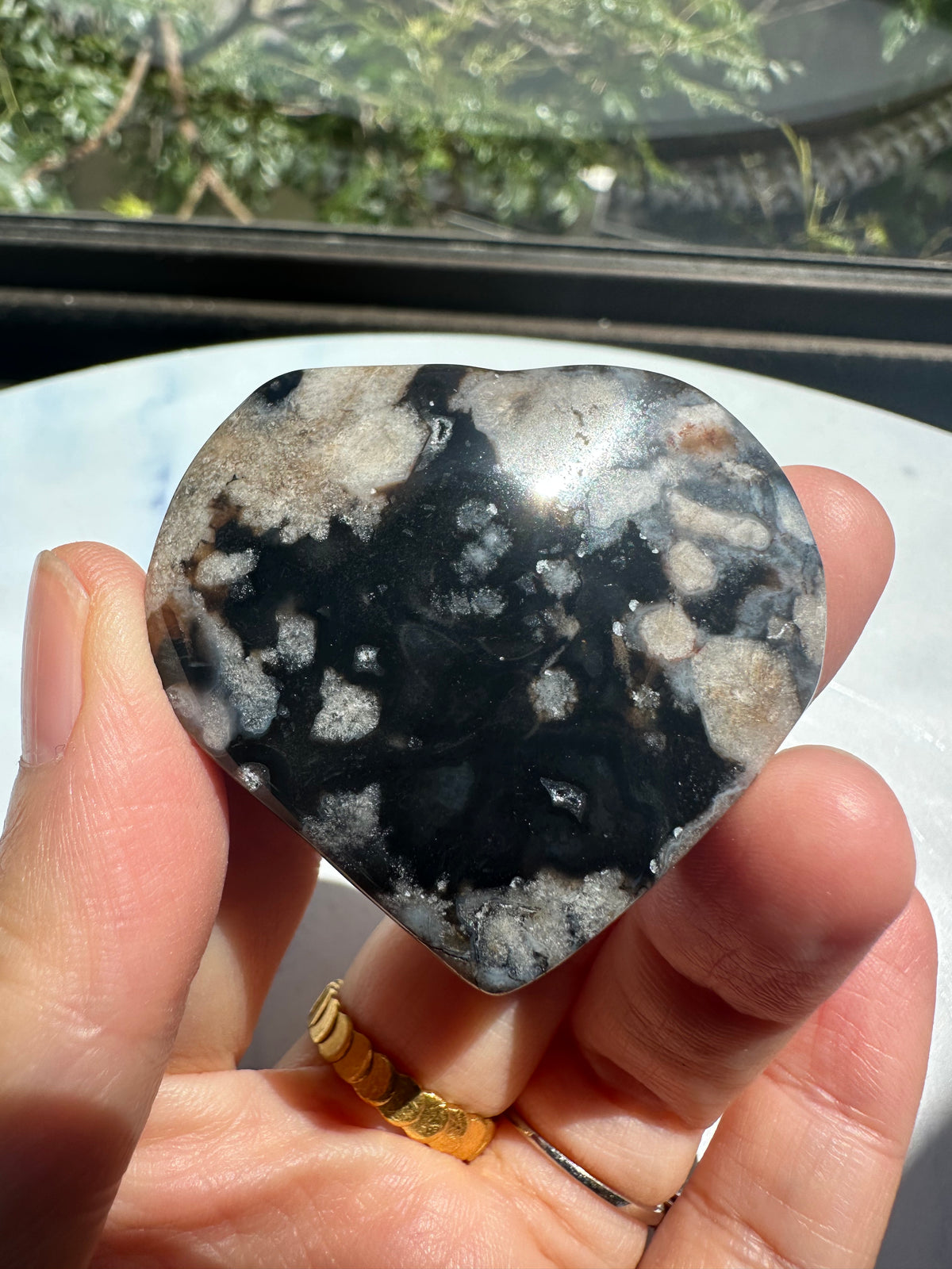 Black Flower Agate Heart | Natural Crystal 4–6cm
