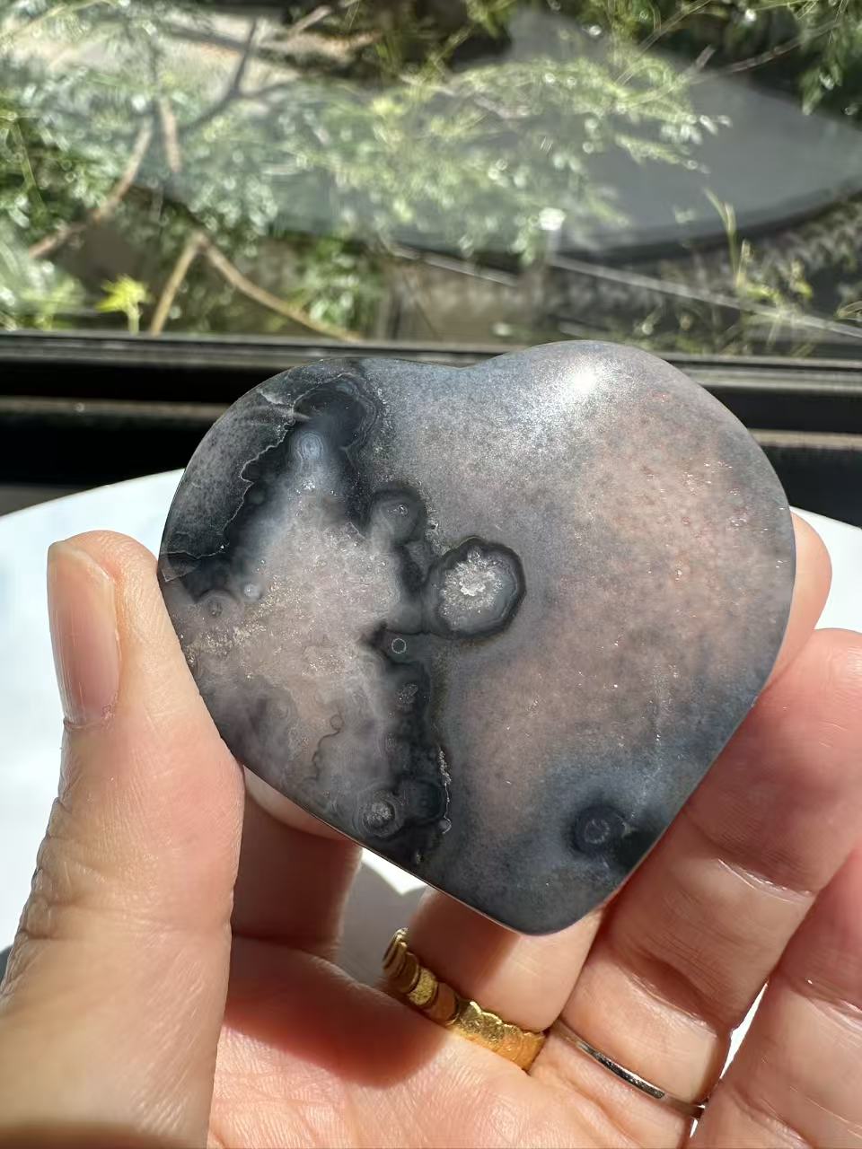 Black Flower Agate Heart | Natural Crystal 4–6cm
