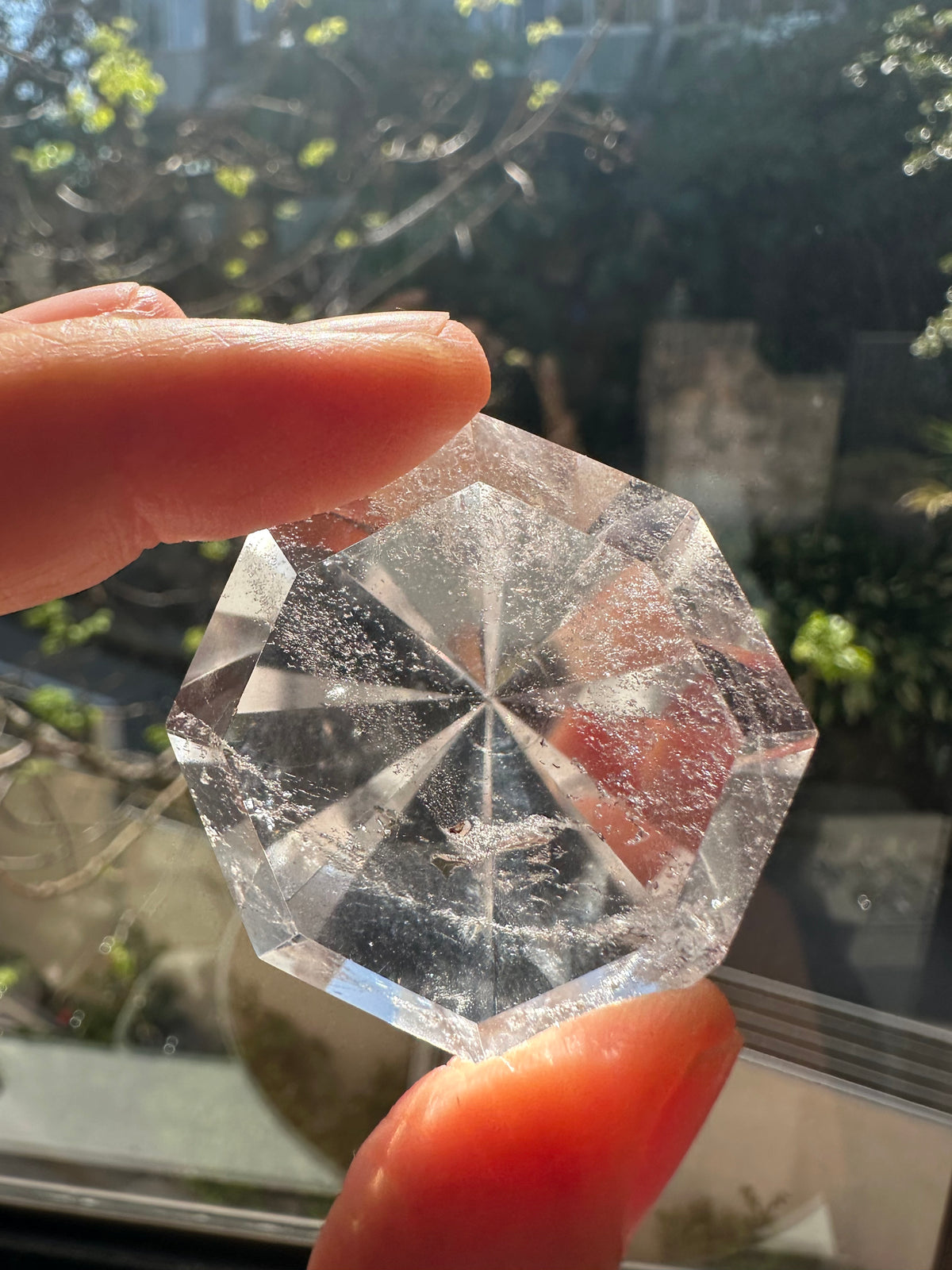 Clear Quartz diamond crystal photographed from above