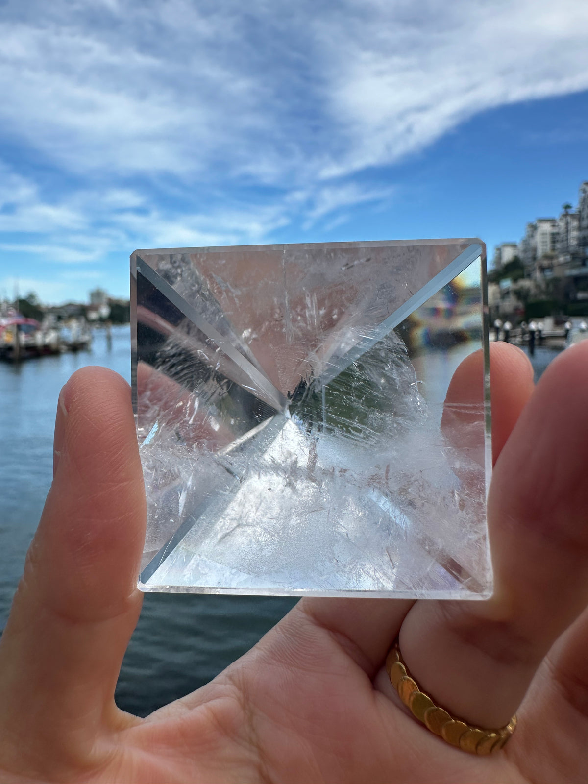 Clear Quartz pyramid showing polished geometric edges
