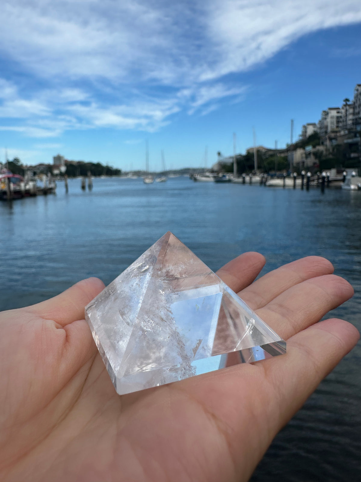 Natural Clear Quartz pyramid polished crystal display