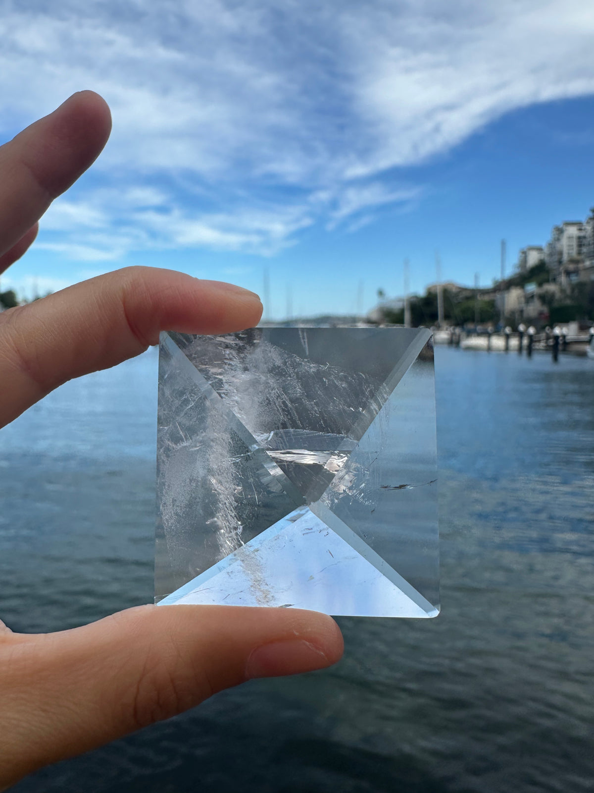 Faceted natural Clear Quartz pyramid close-up