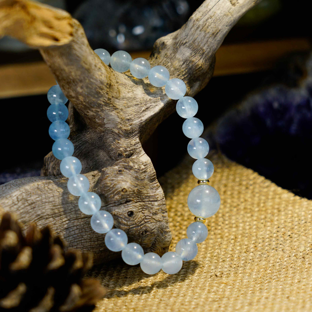 Aquamarine Bracelet | 7mm Beads, 10mm Centre & Gold-Plated Spacers