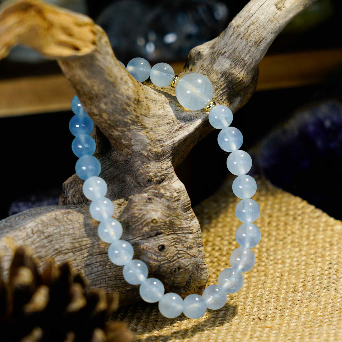 Aquamarine Bracelet | 7mm Beads, 10mm Centre & Gold-Plated Spacers