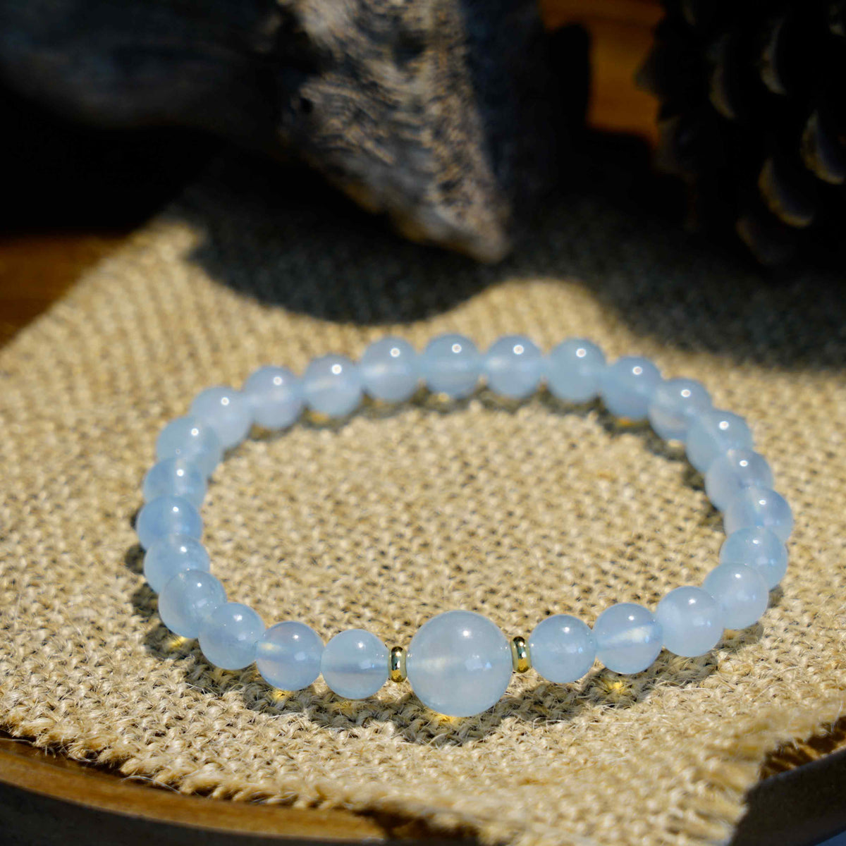 Aquamarine Bracelet | 7mm Beads, 10mm Centre & Gold-Plated Spacers