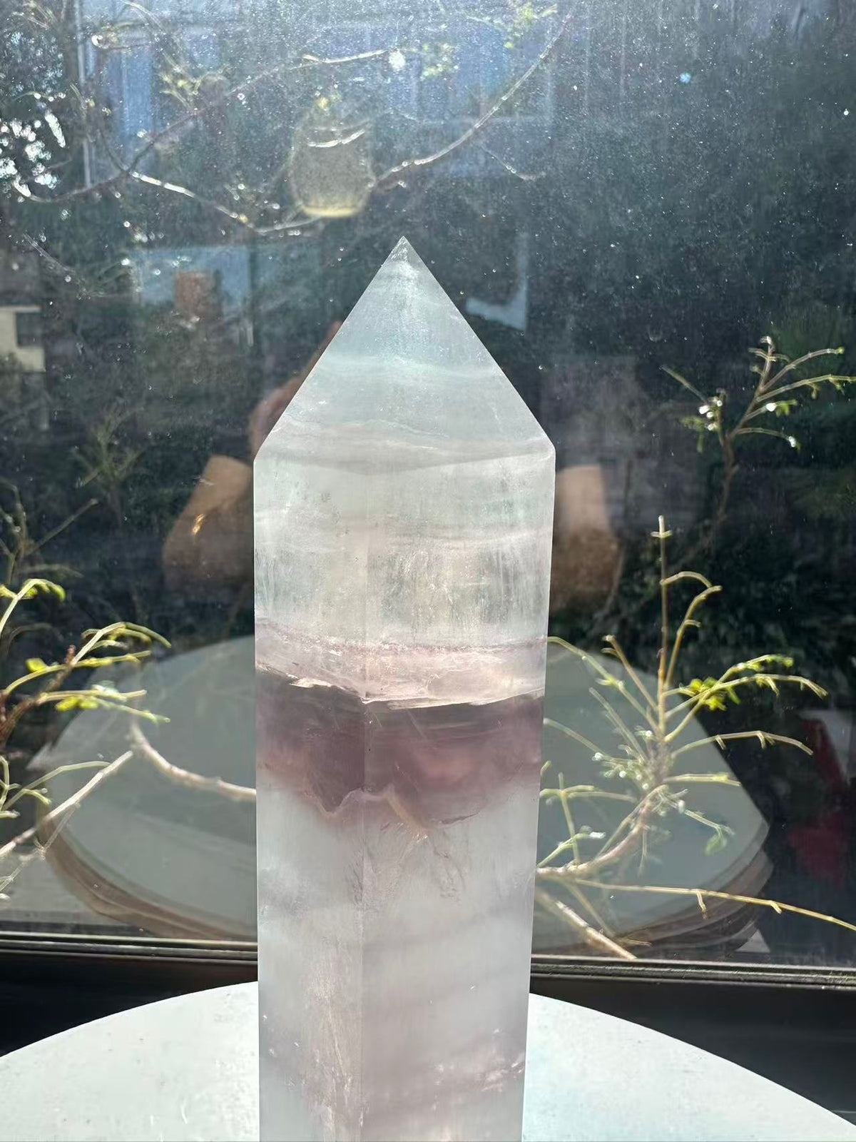 21cm rainbow fluorite tower showing intricate horizontal stripes and phantom structures in light green tones, a unique 0.846kg natural geometric mineral.