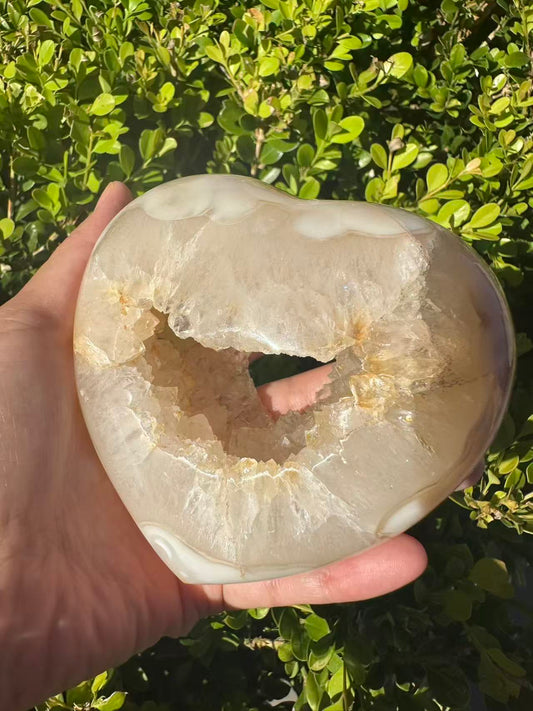 Luminous Pale Yellow Druzy Agate Heart with Stand (517g) - Exact Piece