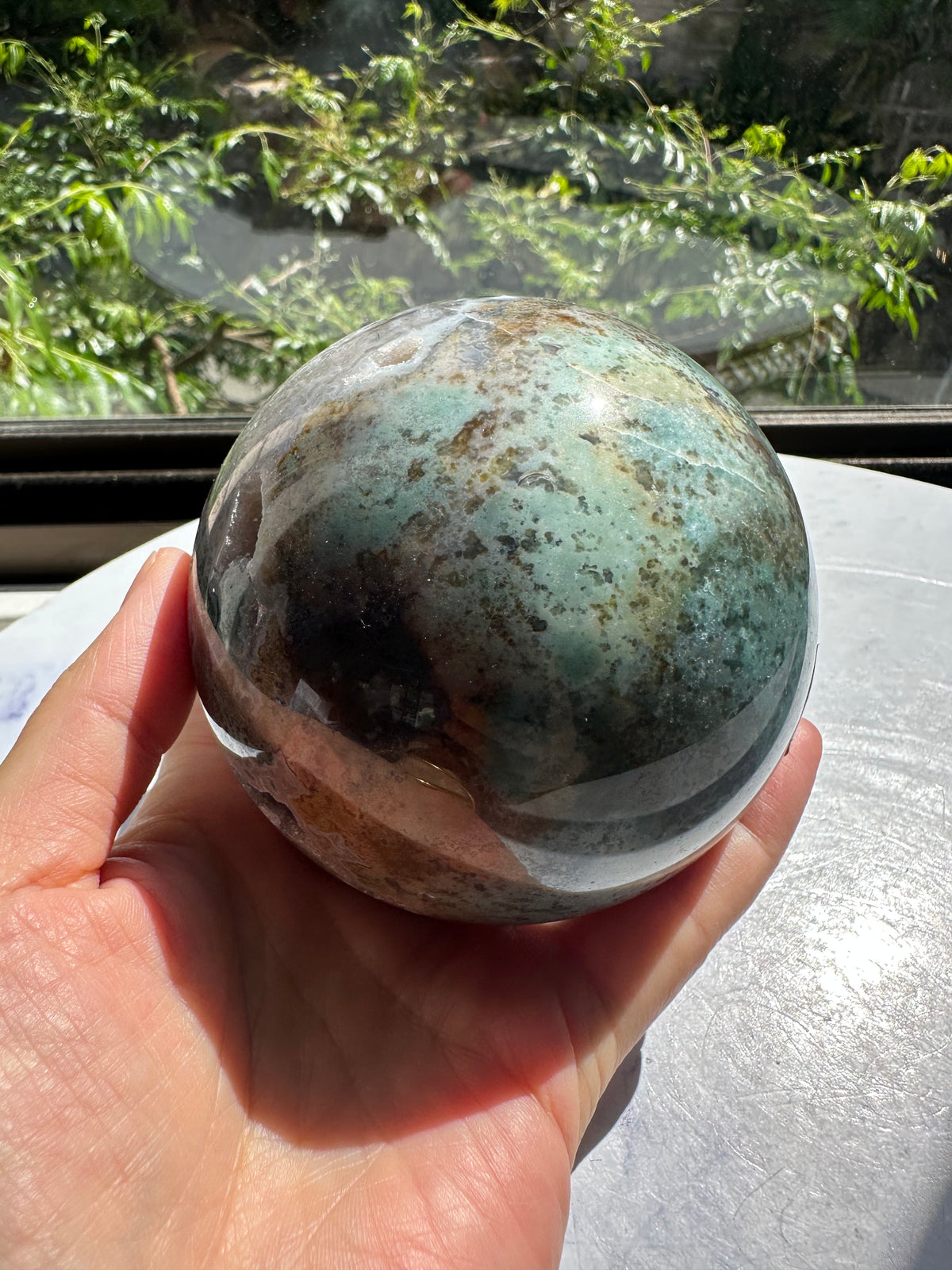 Moss Agate Sphere with Scenic Dendrites | 872g 8cm Exact Piece #11