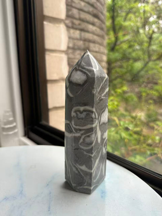 Rare 1000 Eyes Shell Jasper Tower: Hand-Polished Natural Guardian Stone #4