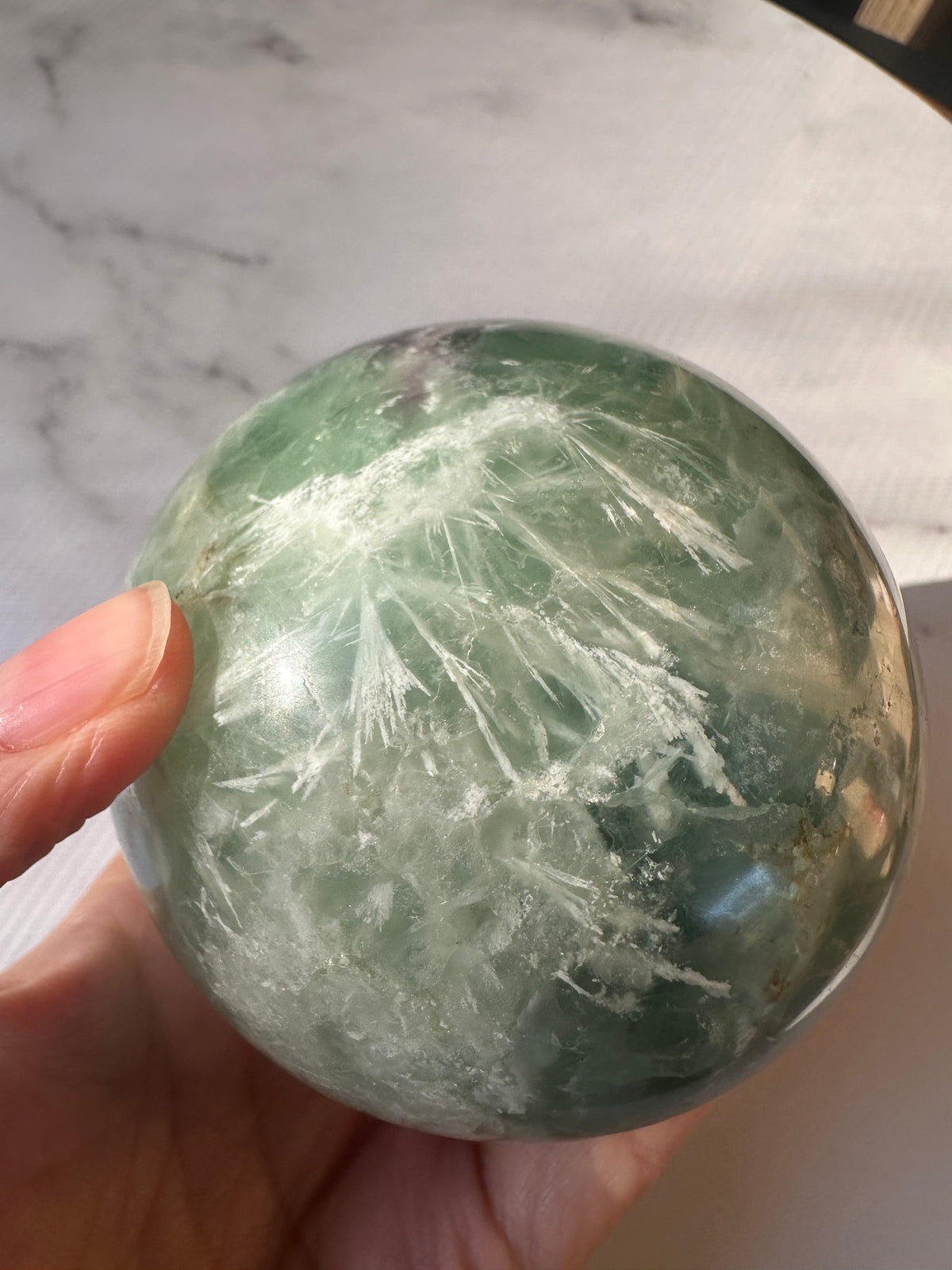 Feather Fluorite Sphere with Feather-Like Inclusions | 752g 7.7cm Exact Piece #3