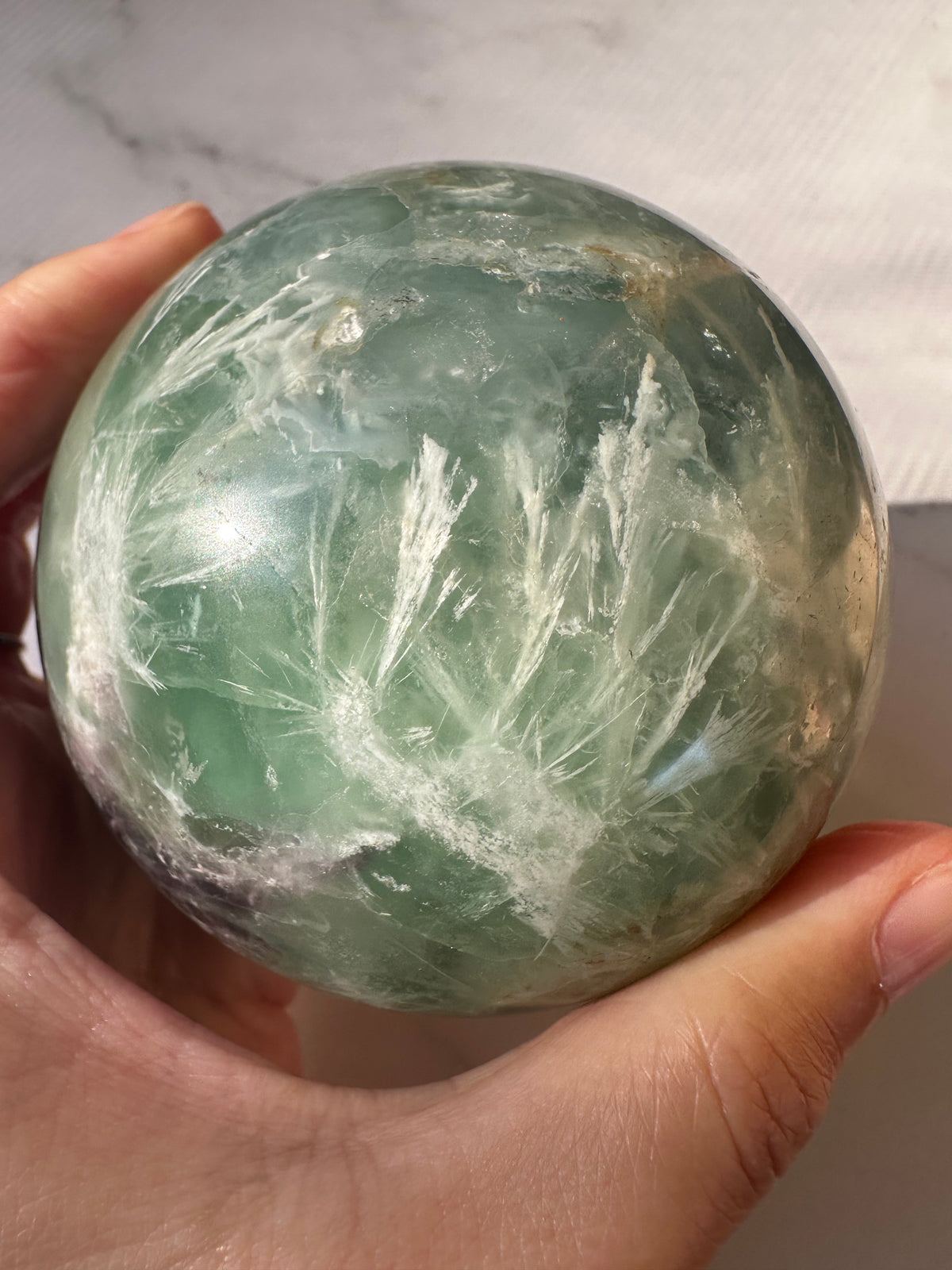 Feather Fluorite Sphere with Feather-Like Inclusions | 752g 7.7cm Exact Piece #3
