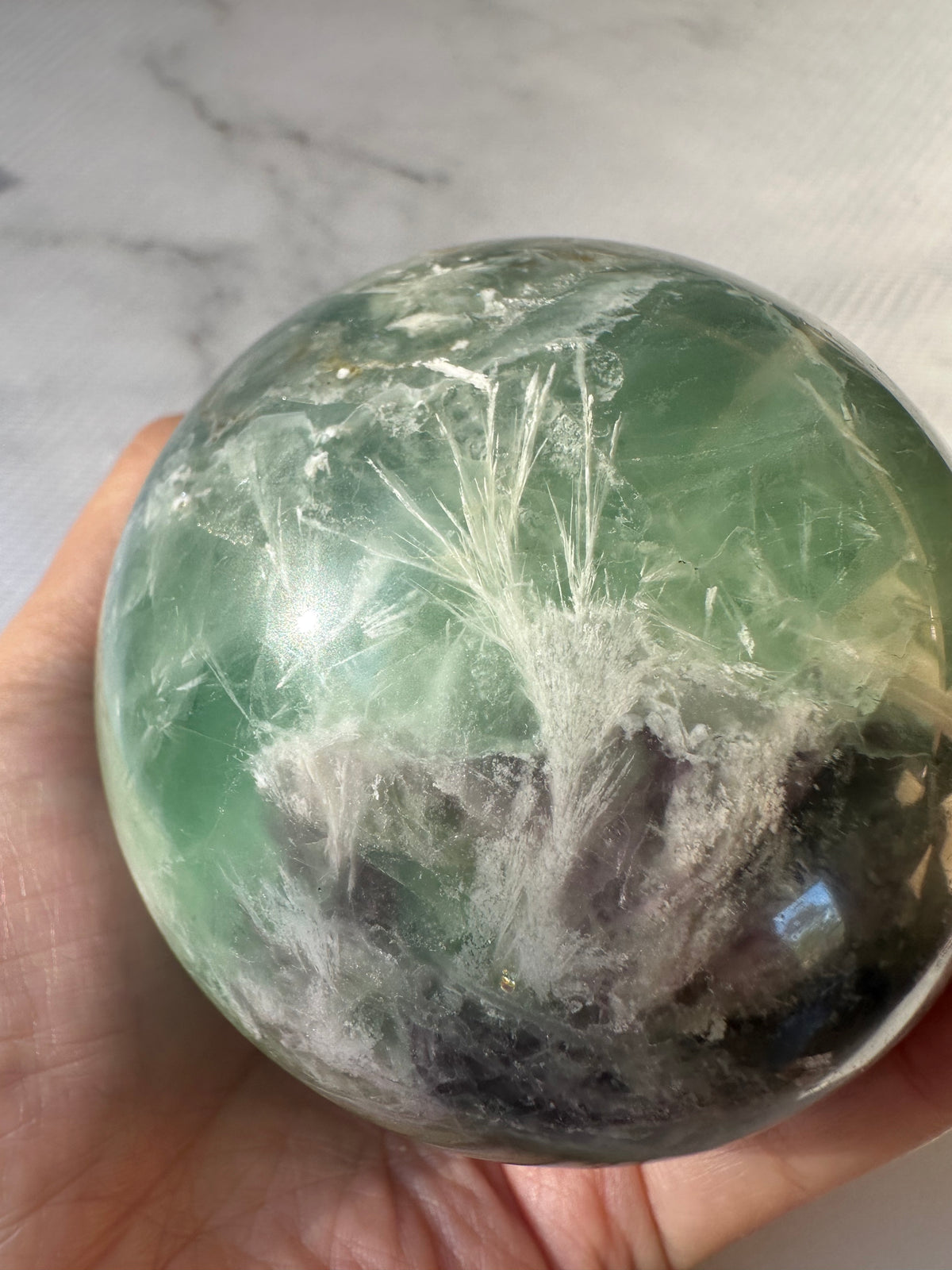 Feather Fluorite Sphere with Feather-Like Inclusions | 752g 7.7cm Exact Piece #3