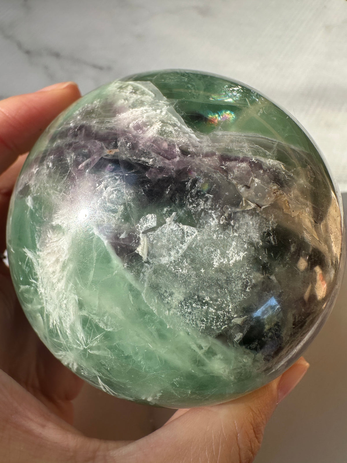 Feather Fluorite Sphere with Feather-Like Inclusions | 752g 7.7cm Exact Piece #3