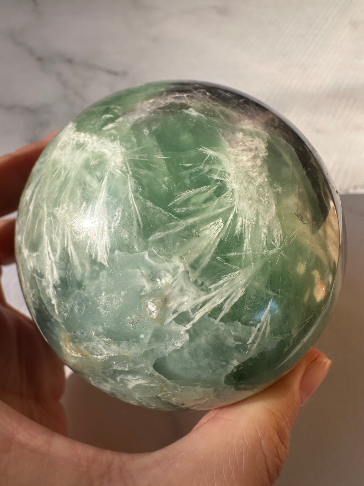 Feather Fluorite Sphere with Feather-Like Inclusions | 752g 7.7cm Exact Piece #3