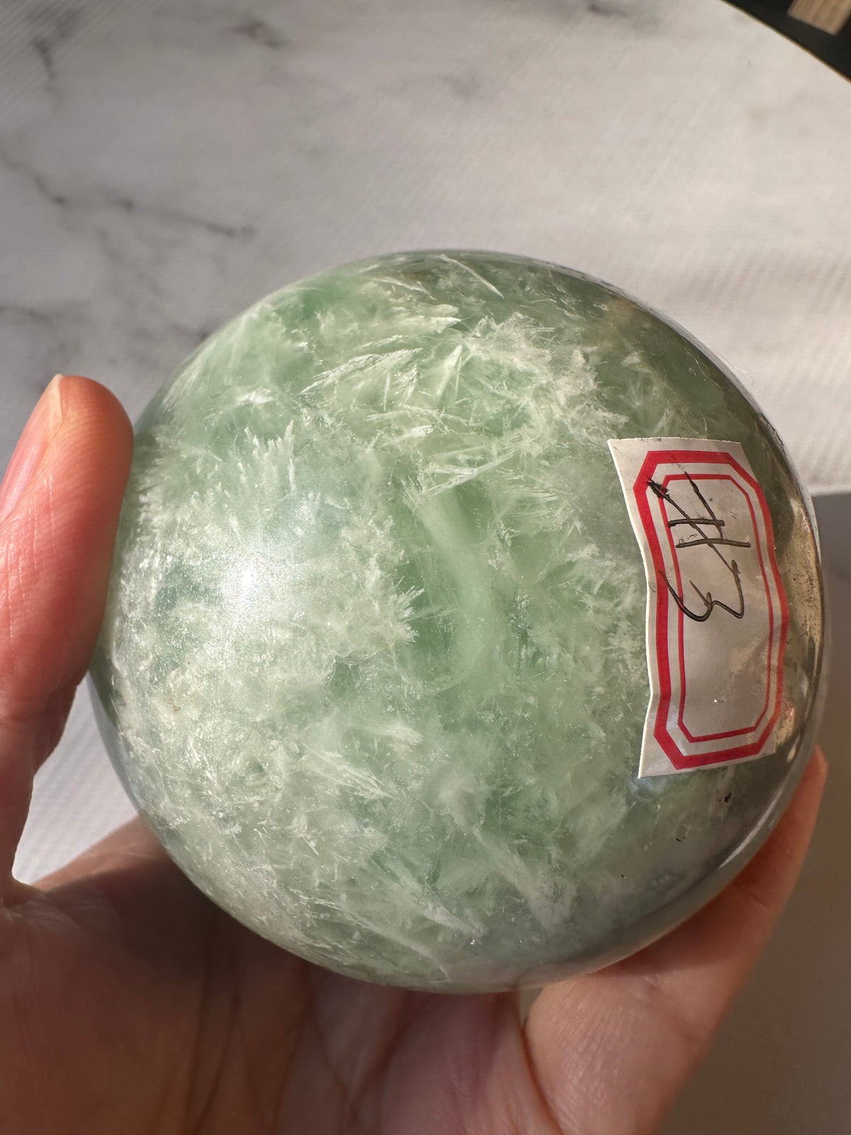 Feather Fluorite Sphere with Feather-Like Inclusions | 752g 7.7cm Exact Piece #3