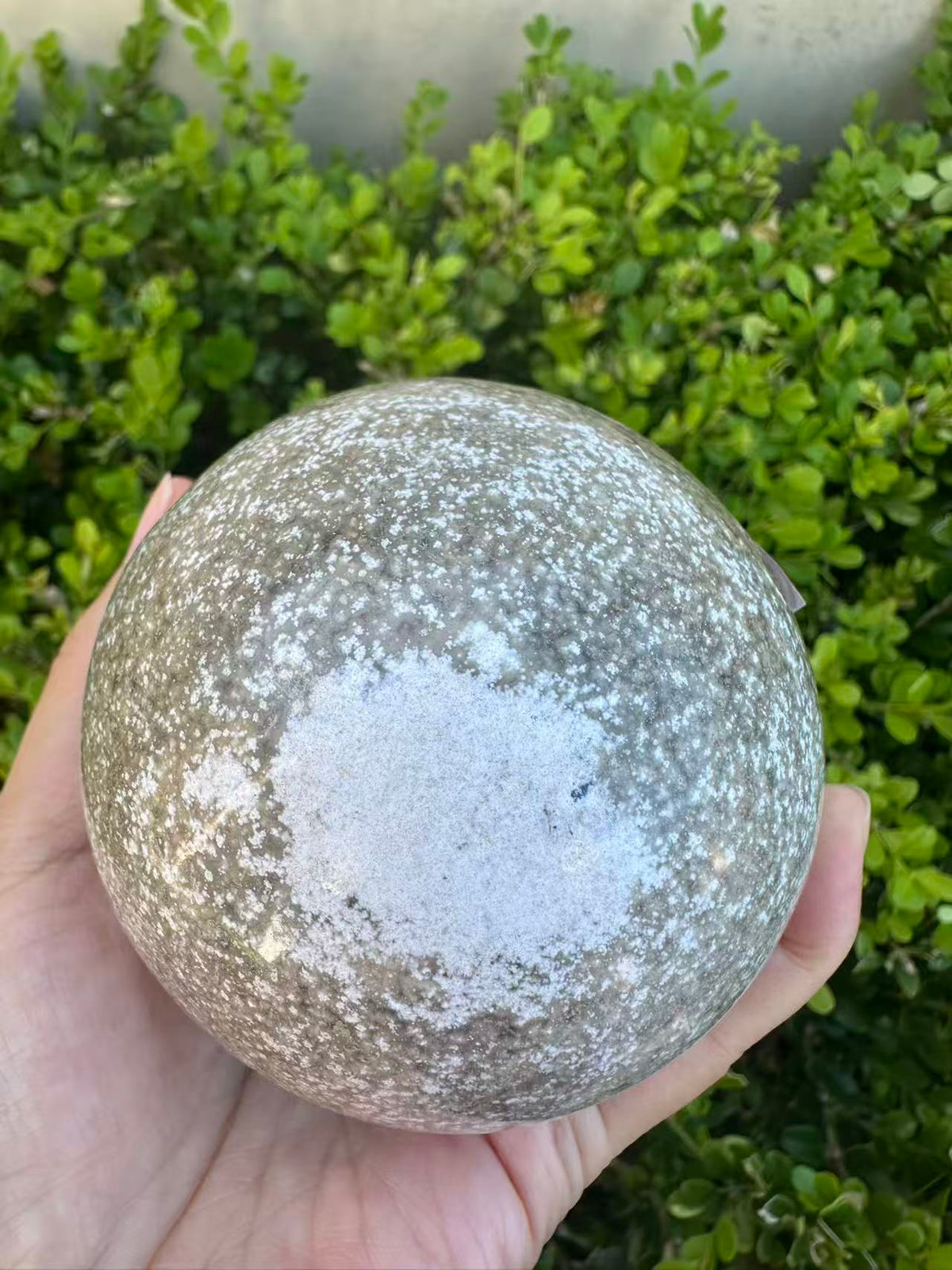 #3,"Large Moss Agate crystal sphere for professional desk decor, 772g, showing deep forest-like moss patterns and sparkling natural druzy by Moon Rituals."