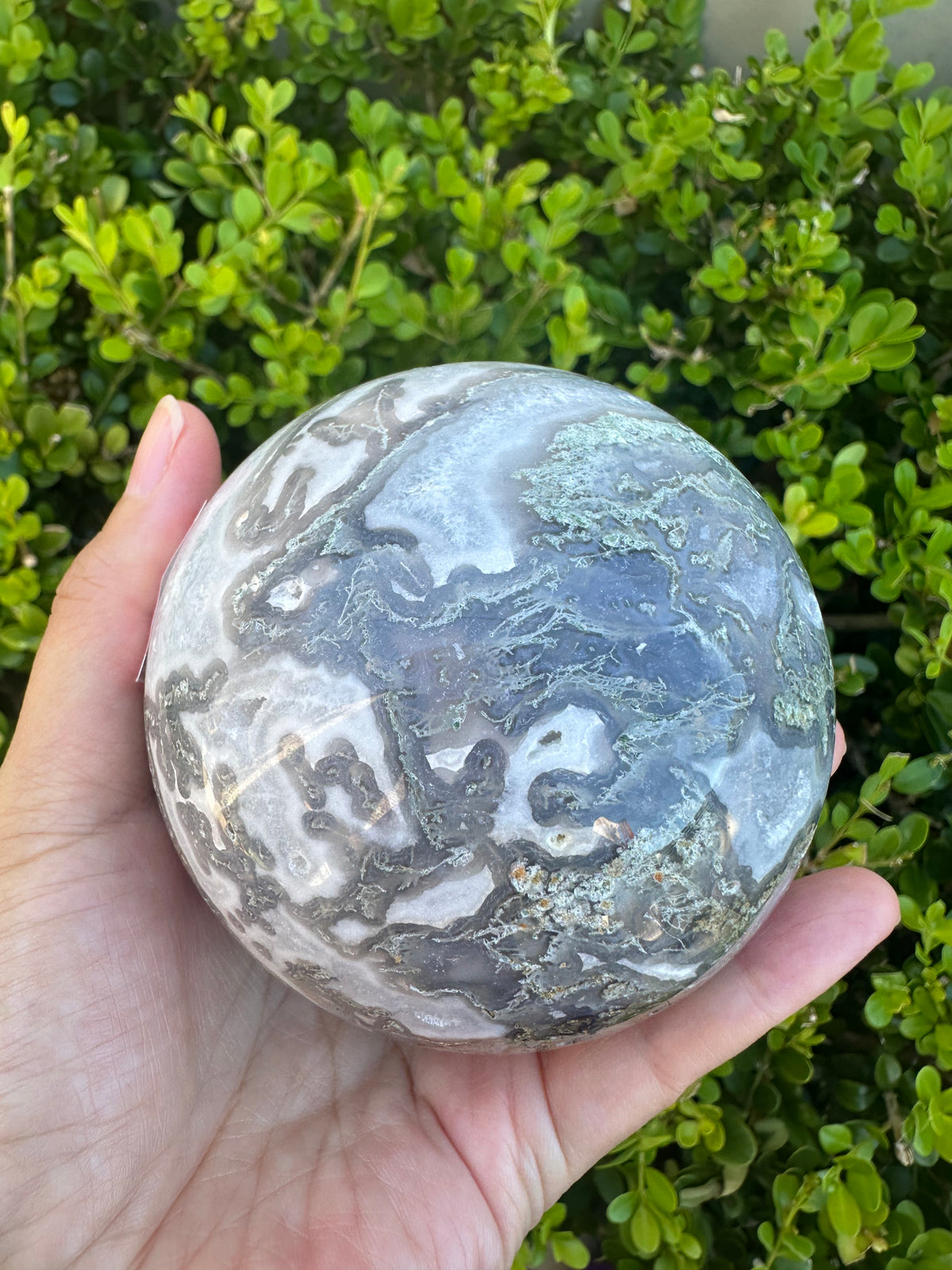 #4,815g Moss Agate druzy crystal ball featuring 8.5cm diameter with intricate green moss inclusions for corporate growth and workplace prosperity