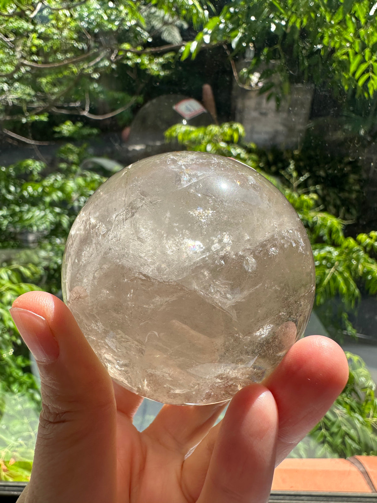 Light Smoky Quartz Sphere – 403g, Rainbow #1 — exact crystal, view 8 of 11