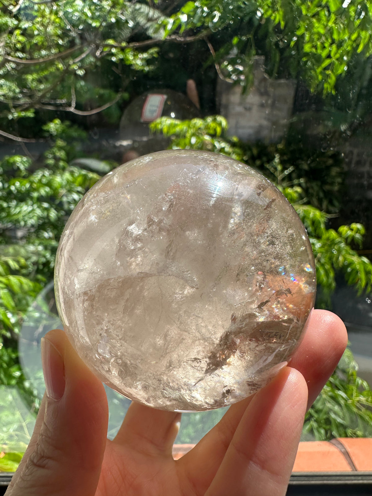 Light Smoky Quartz Sphere – 403g, Rainbow #1 — exact crystal, view 2 of 11