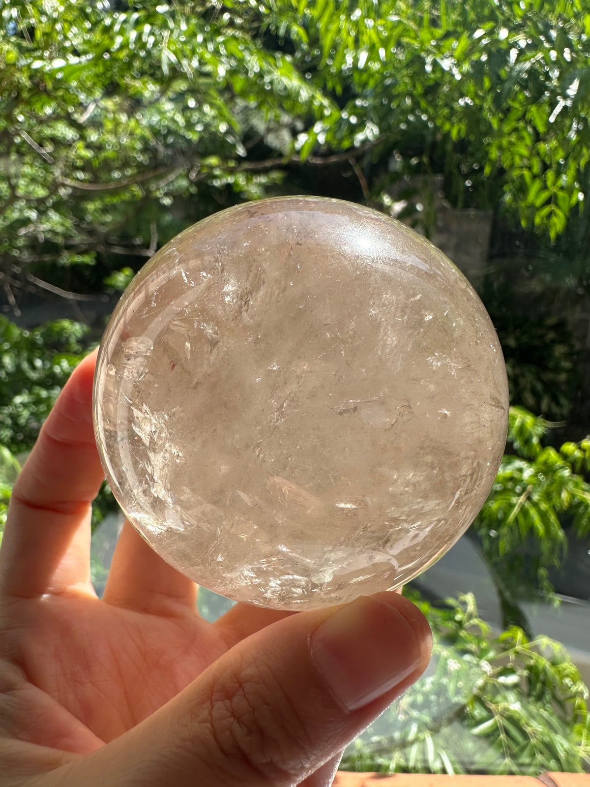 Light Smoky Quartz Sphere – 403g, Rainbow #1 — exact crystal, view 10 of 11