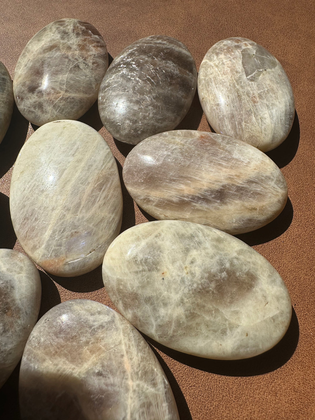 Natural Rainbow Moonstone palm stone for desk bedside or meditation display